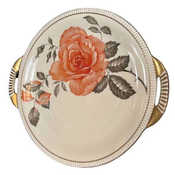Serving Plate Platter Floral Round with Handles Vintage Peach Rose Gold Accents - Picture 3 of 5